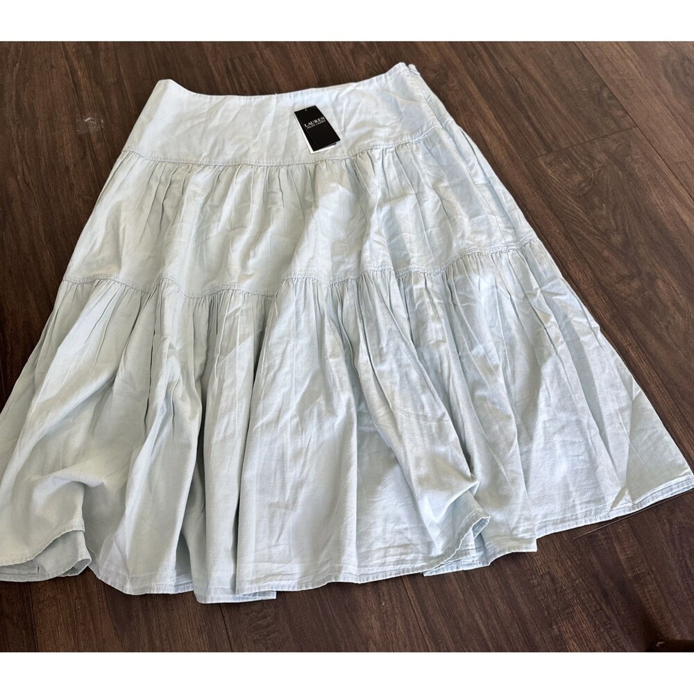 Lauren Ralph Lauren Women's Chambray Tiered Midi Skirt Lightweight Sage Green 14 - Picture 6 of 11